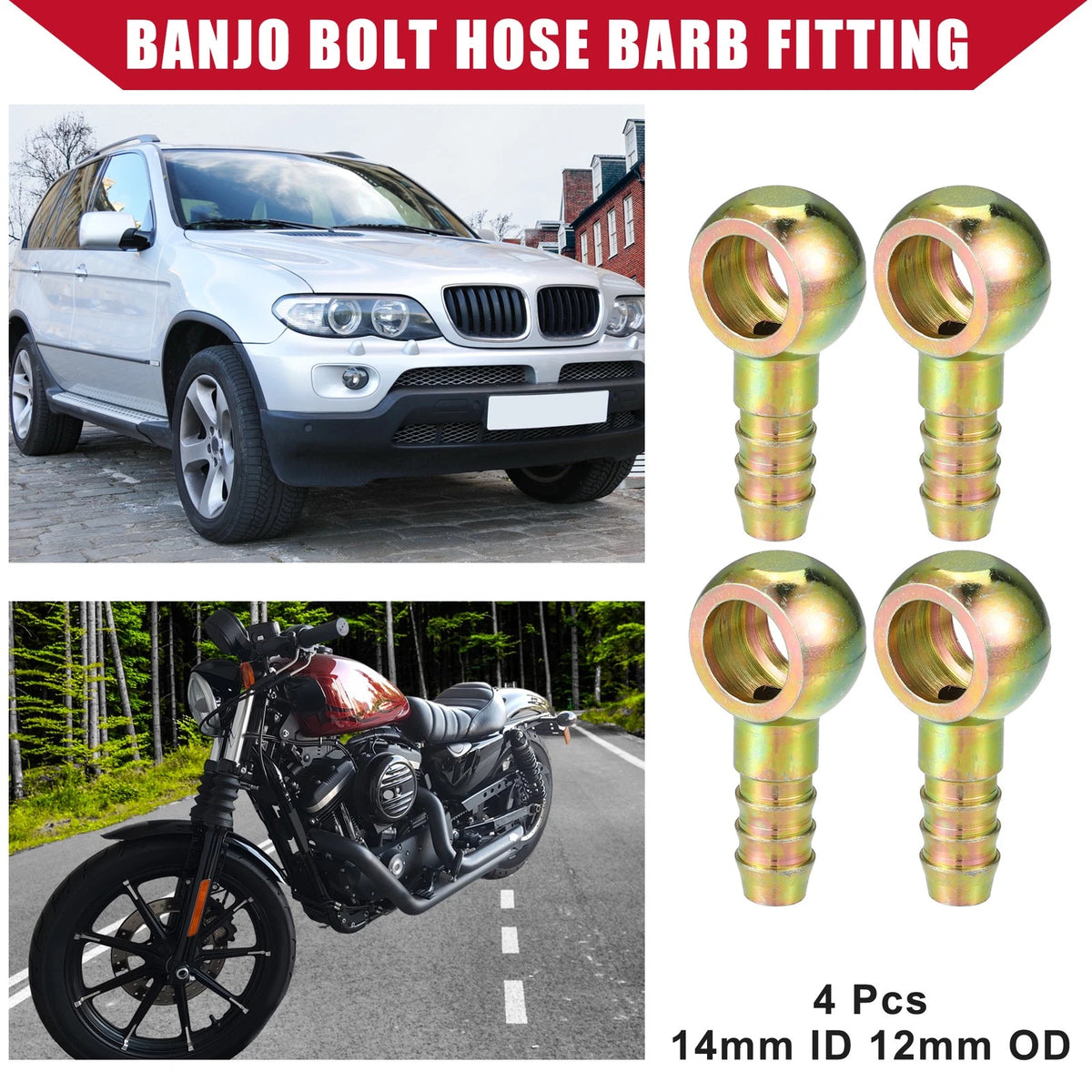 Banjo Bolt Hose Barb Fitting 4 Pcs 14mm ID 12mm OD for Car Motorcycle Metal