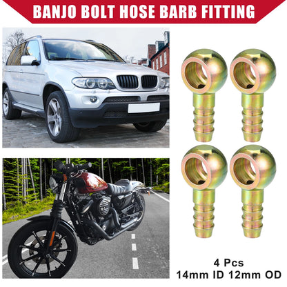 Banjo Bolt Hose Barb Fitting 4 Pcs 14mm ID 12mm OD for Car Motorcycle Metal