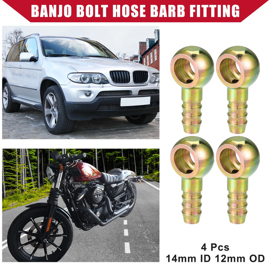 Banjo Bolt Hose Barb Fitting 4 Pcs 14mm ID 12mm OD for Car Motorcycle Metal