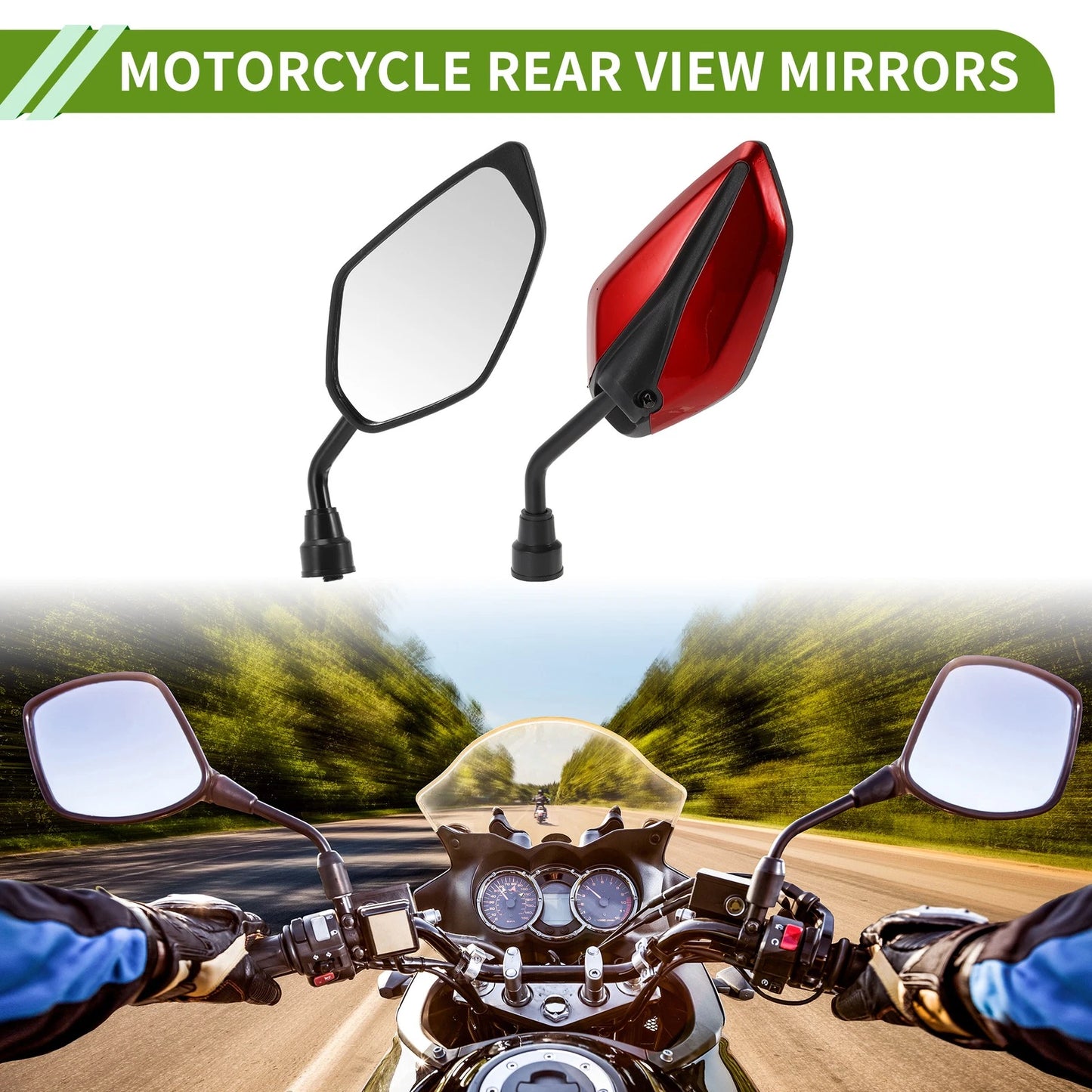 M10 1 Set Motorcycle Rear View Mirrors LeafShape RedIronPlastic for Make Model