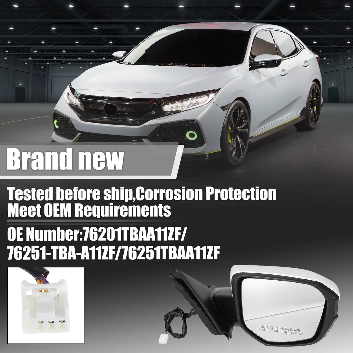 3 Pin Right Side Exterior Door Mirror Assembly White for Honda Civic (2016-2021)