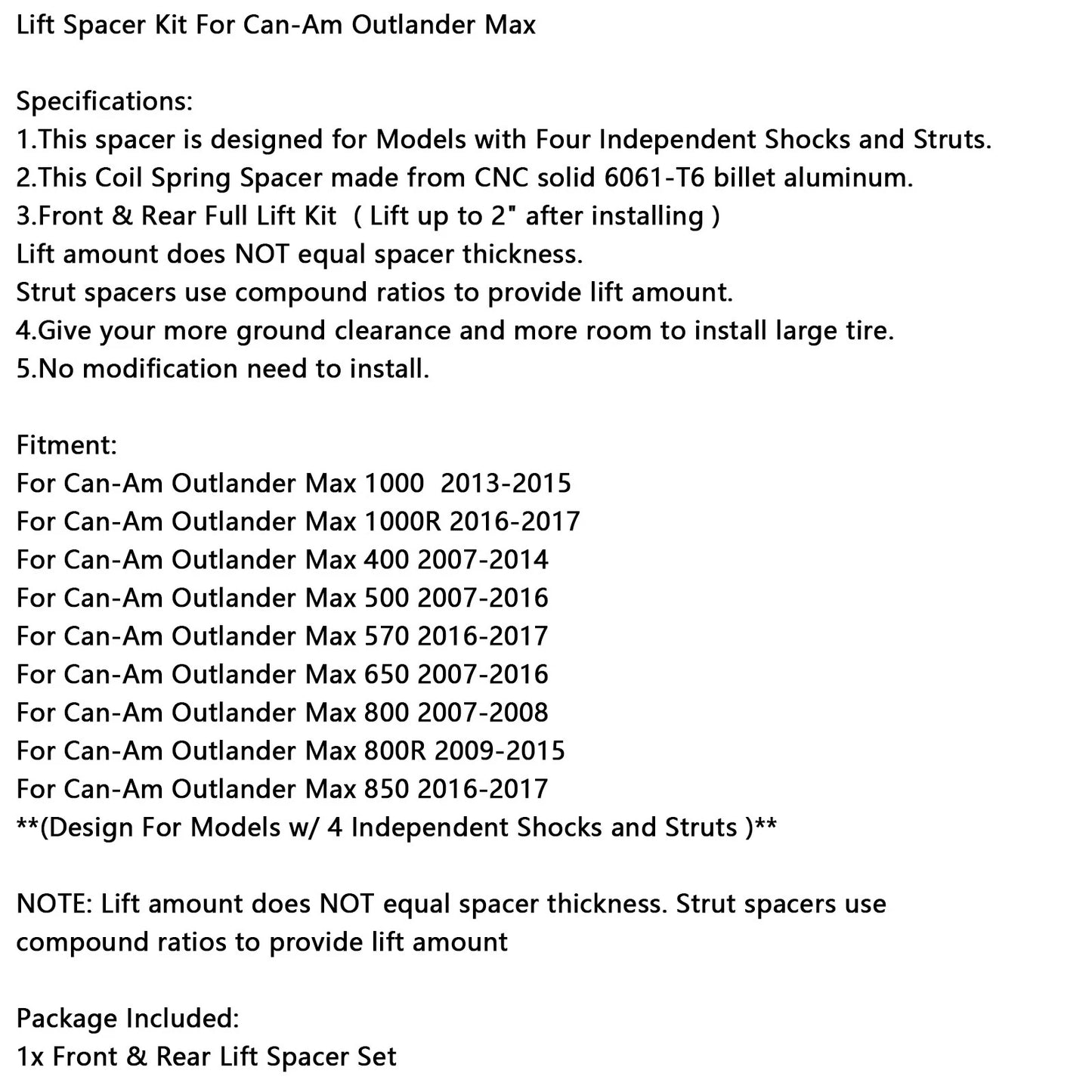Lift Spacer Kit for Can-Am Outlander Max 1000/1000R/400/500/570/650/800/850 (2013-2023)