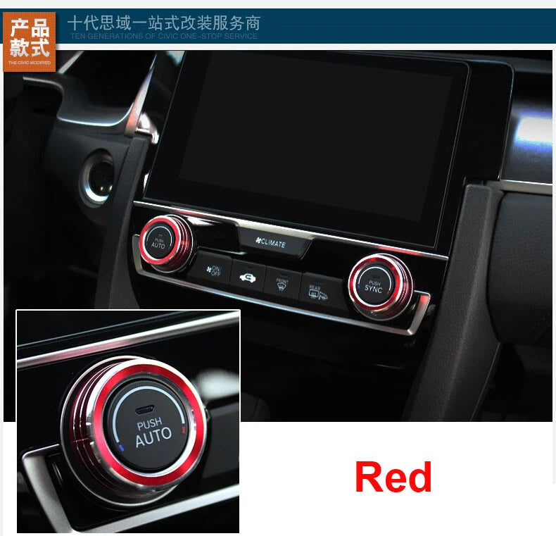2pcs Red Aluminum AC Buttons Control Ring Knob Cover Fit For Honda Civic X 2016+