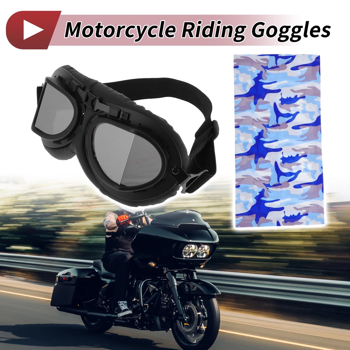 Motorcycle Riding Goggles Silver Tone Lens Black Frame PU Cycling Sunglasses