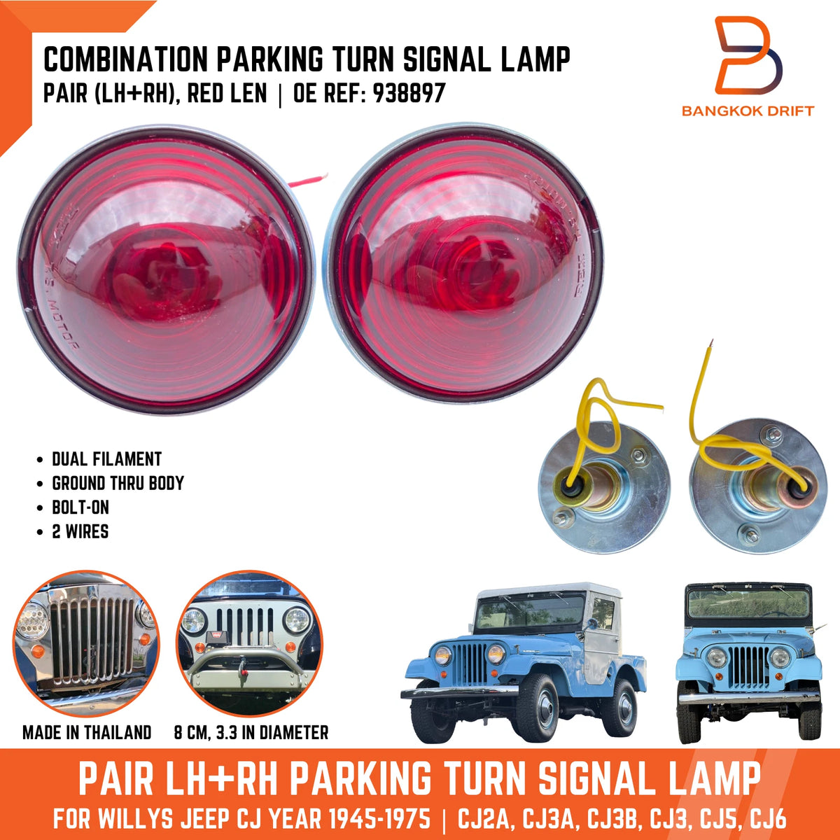 Red Lens Turn Signal Parking Light for Willys Jeep CJ (1945-1975)