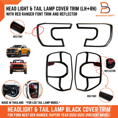 Black Red Headlight Tail Lamp Cover Trim for Ford Ranger Raptor (2022-2025)