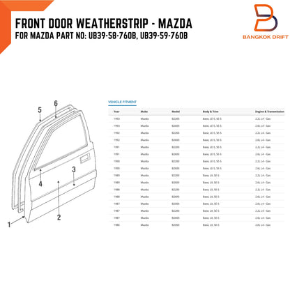 Door Weatherstrip Rubber Seal Pair for Mazda B-Series B2000 B2200 B2600 (1986-1993)