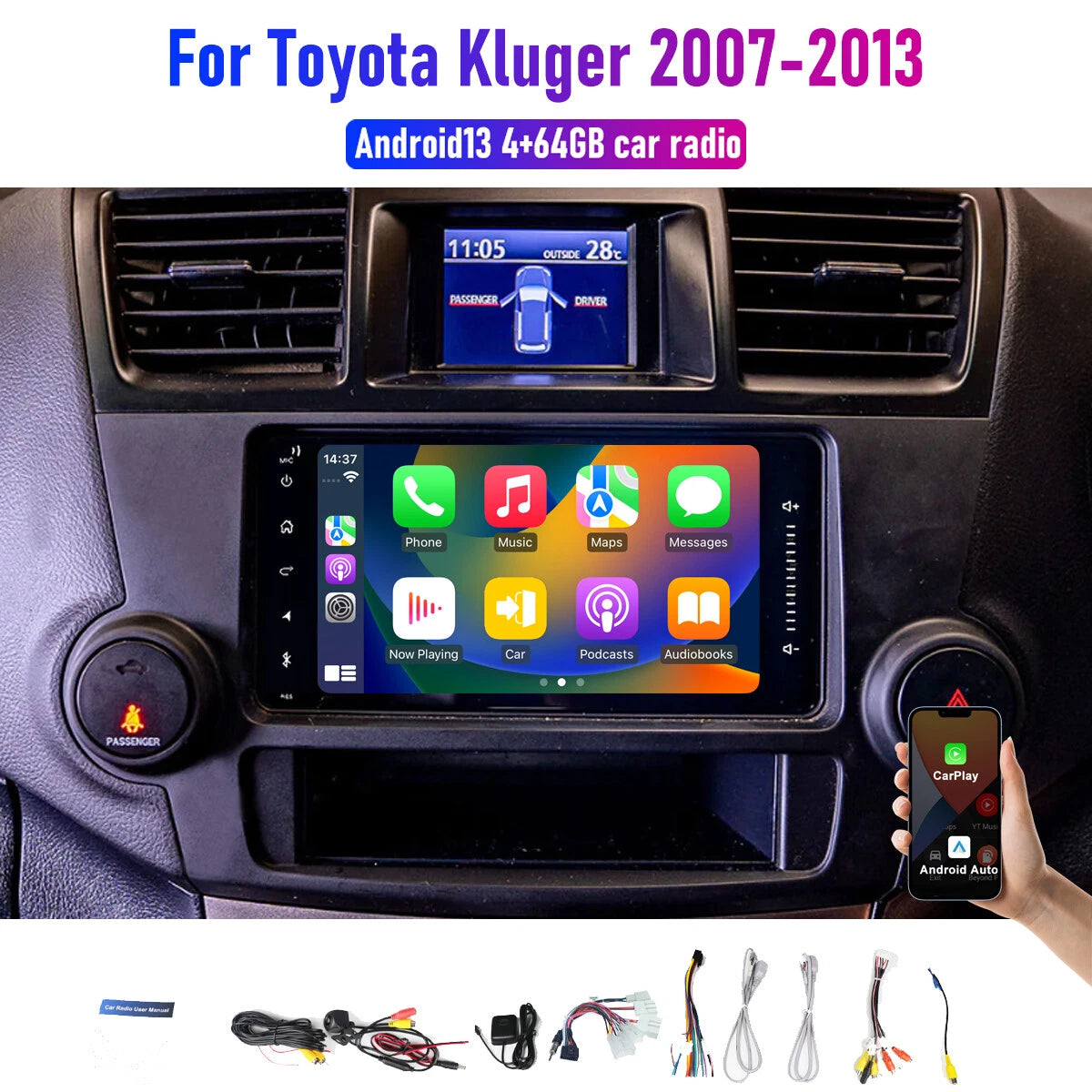 Apple CarPlay Android Auto BT Radio for Toyota Kluger (2007-2013)