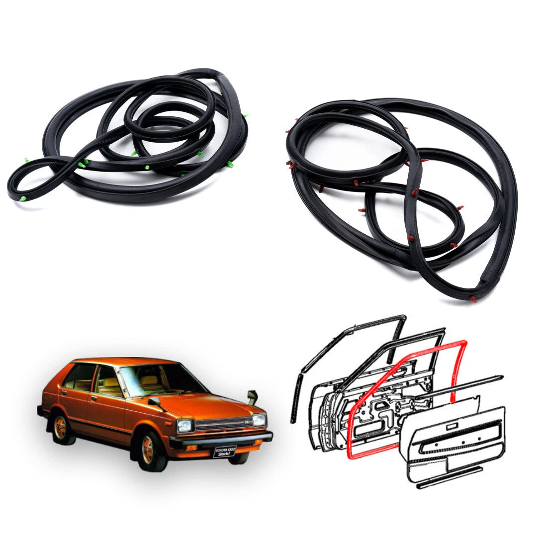 Front Door Weatherstrip Seal x2 for Toyota Starlet 5D KP60 KP61 KP62 1978-1984