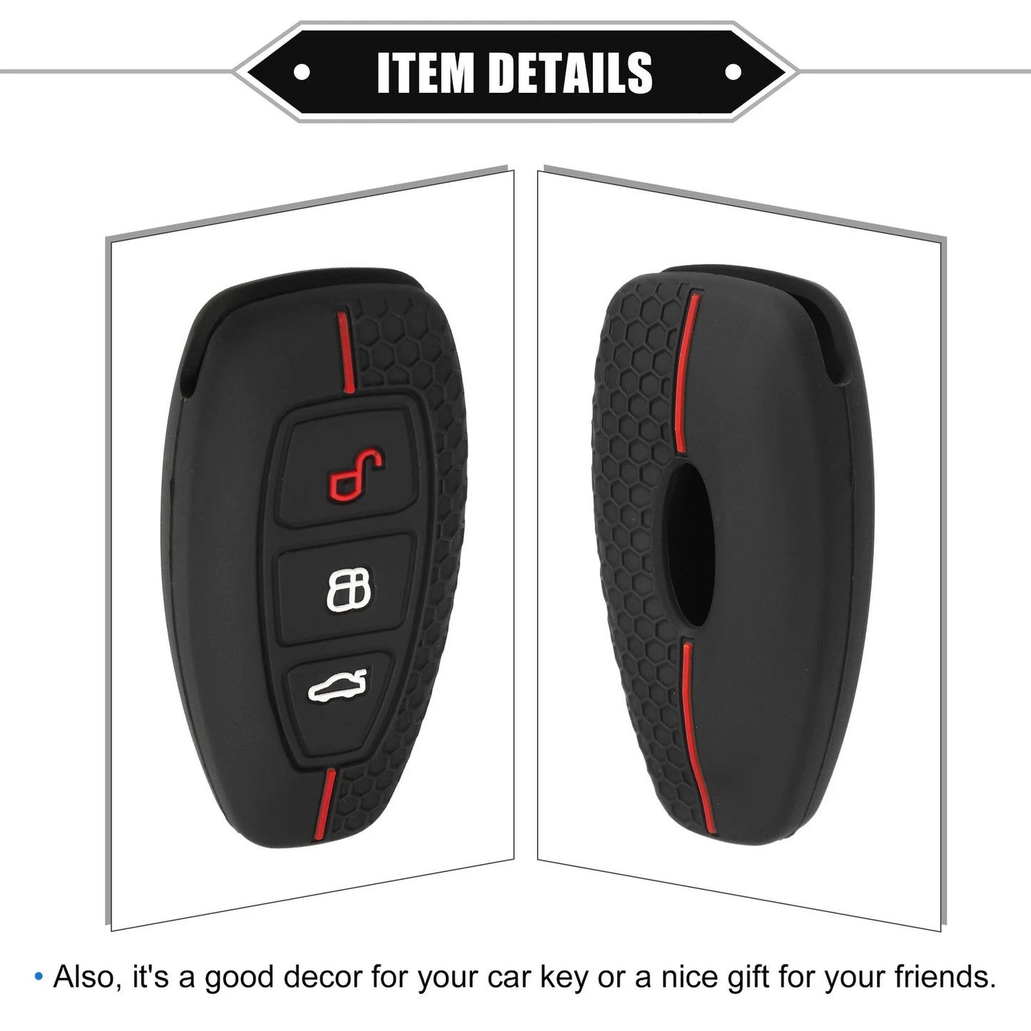 Key Fob Cover for Ford 3 Button Car Key Silicone Black & Red