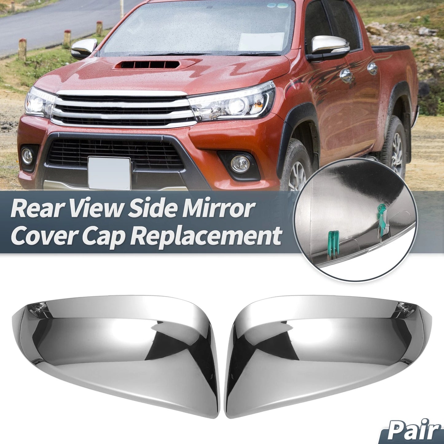 Pair Rearview Mirror Cover Cap Chrome Plated for Toyota Hilux (2015-2020)