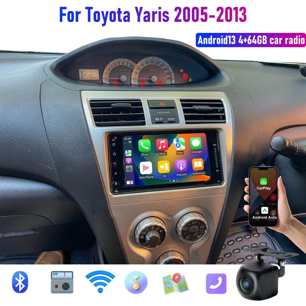 7" Wireless CarPlay Android Auto Head Unit for Toyota Yaris (2005-2013)