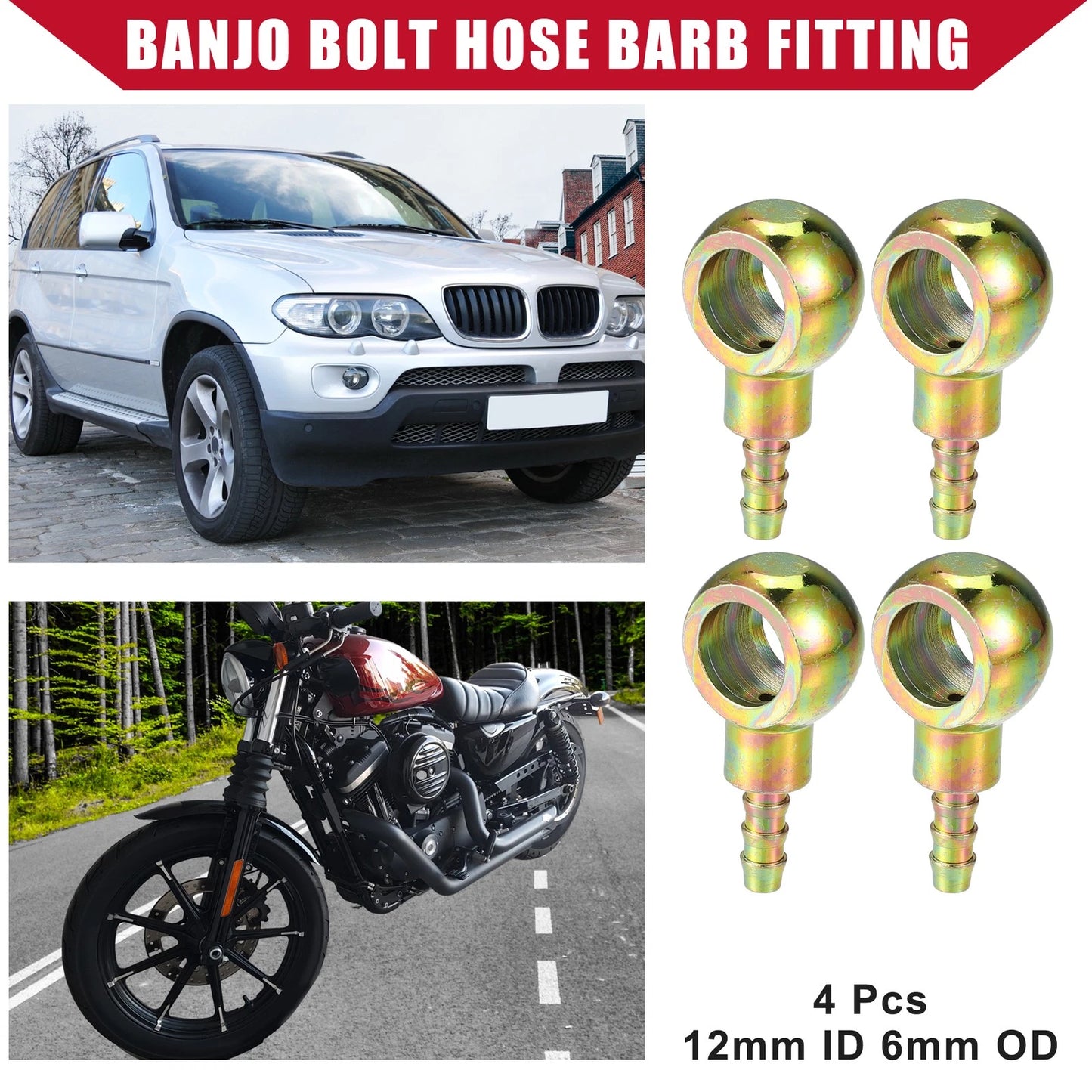 4 x Banjo Bolt Hose Barb Fitting Metal 12mm ID 6mm OD for Auto Motorcycle