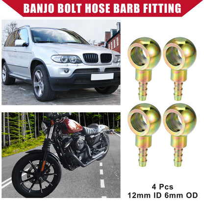 4 x Banjo Bolt Hose Barb Fitting Metal 12mm ID 6mm OD for Auto Motorcycle