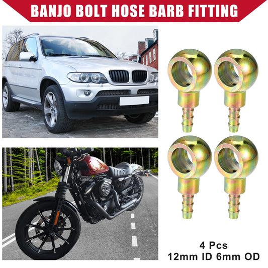 4 x Banjo Bolt Hose Barb Fitting Metal 12mm ID 6mm OD for Auto Motorcycle