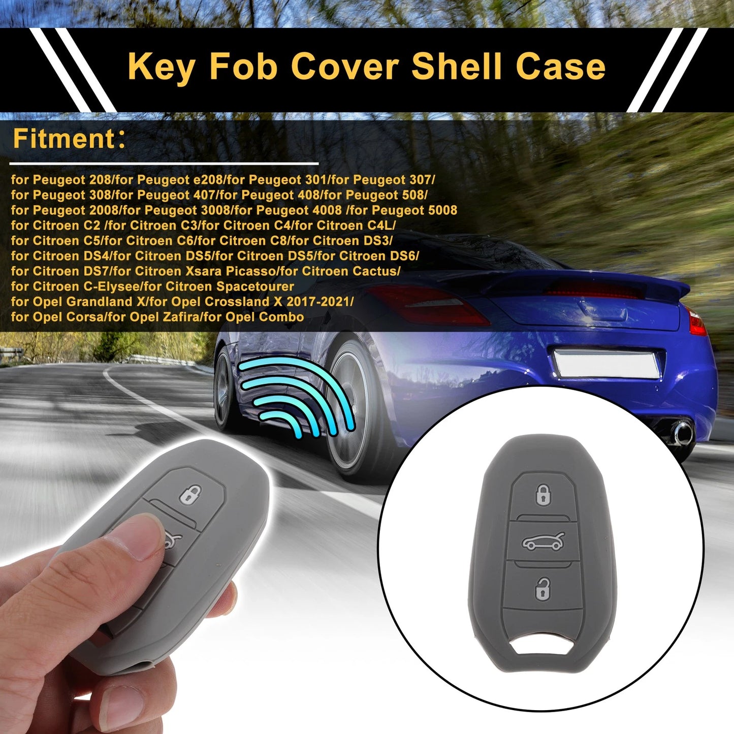 Gray Key Fob Shell Cover Case for Peugeot 208 & e208 (2019-2023)