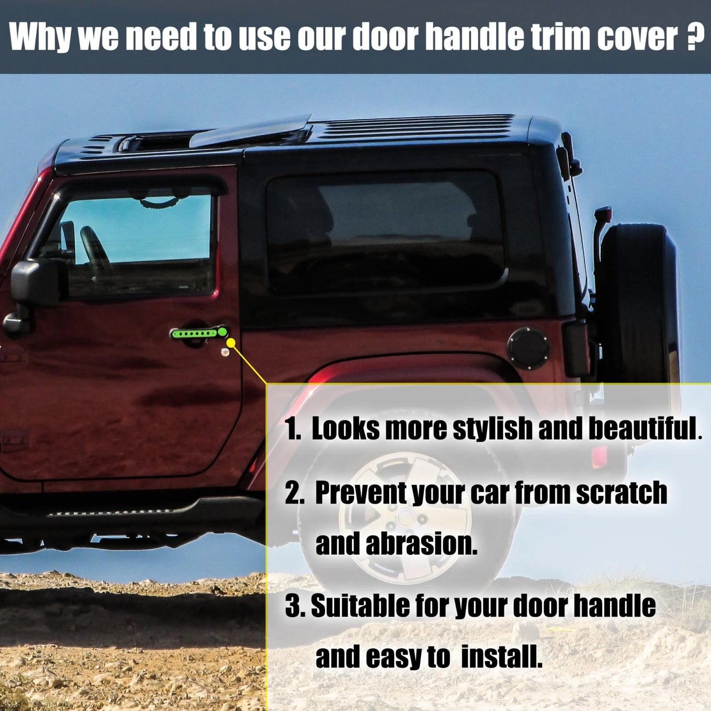 3 x Door Handle Trim & Button Covers for Jeep Wrangler (2007-2018) Green