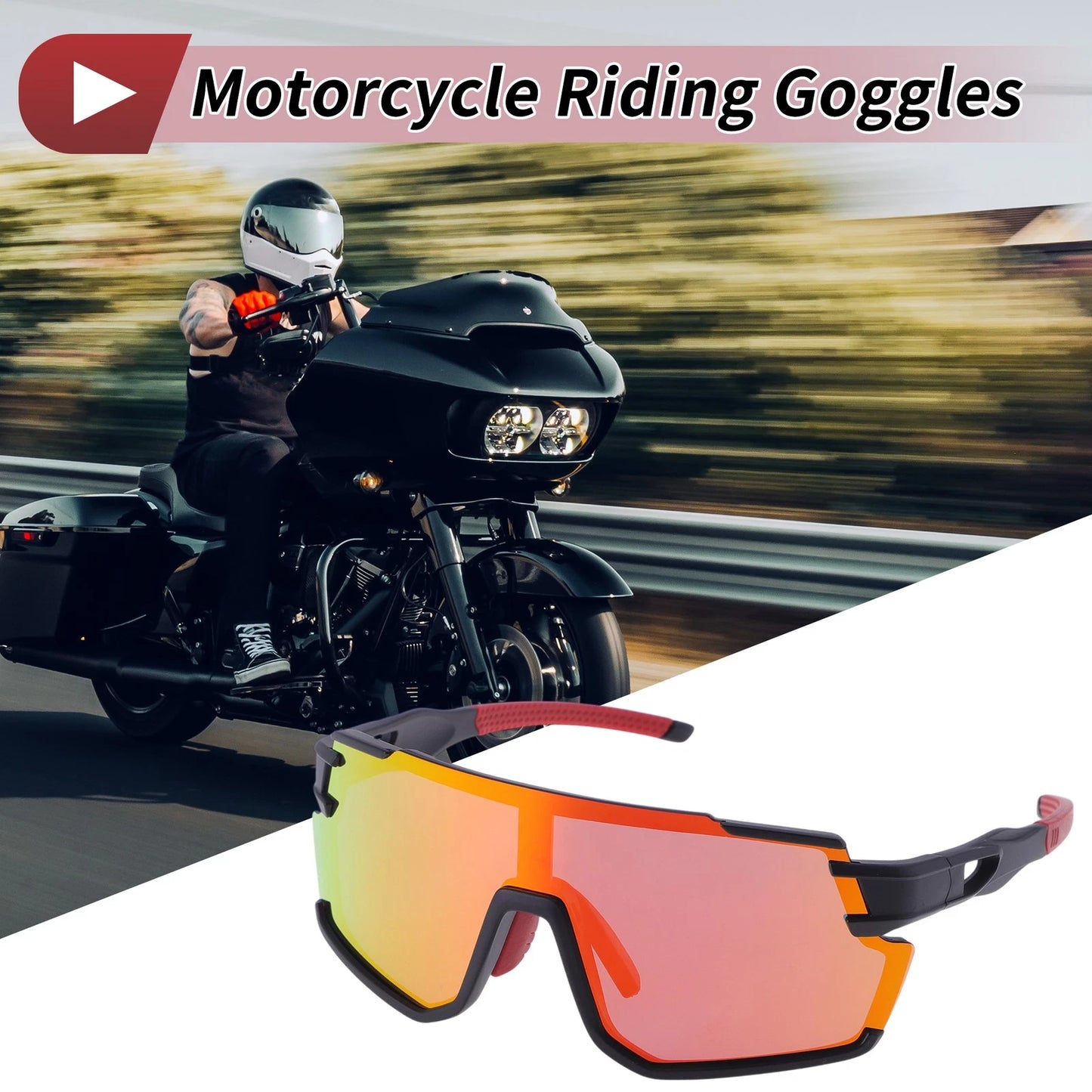 Goggles for Motorcycle Riding Red Lens Black Frame Outdoor Sunglasses