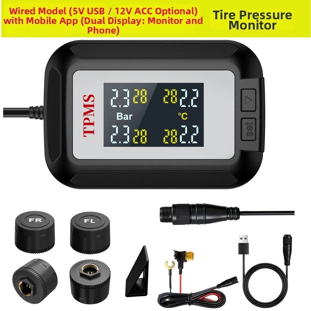Wireless TPMS Tire Pressure Monitor APP Dual Screen USB 12V ACC for Car Use
