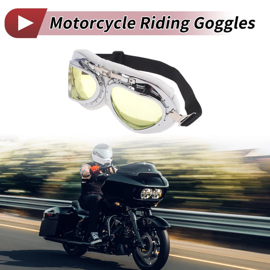 1 Pc Motorcycle Riding Goggles Yellow Lens White Silver Tone Frame PC PU Sponge