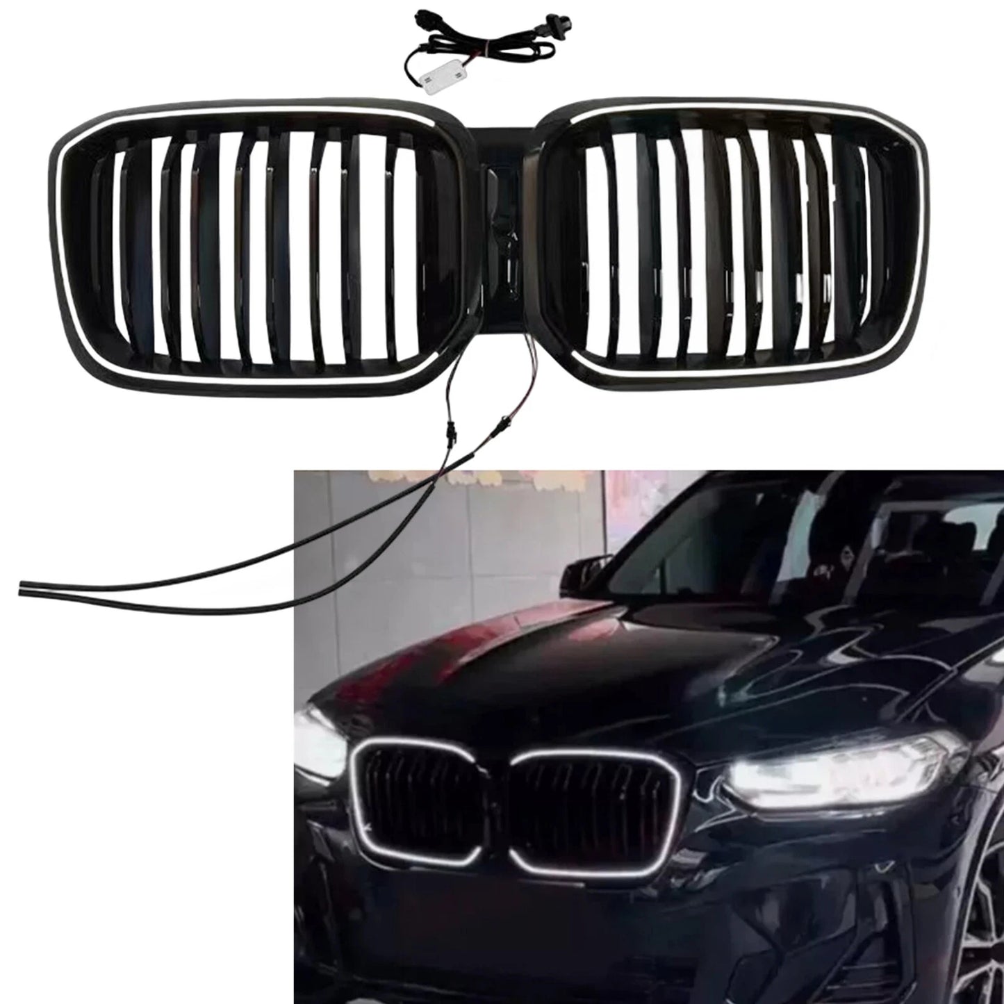Kidney Grille Mesh for BMW X3 X4 2022-2024 2 x Black with LED (2022-2024)