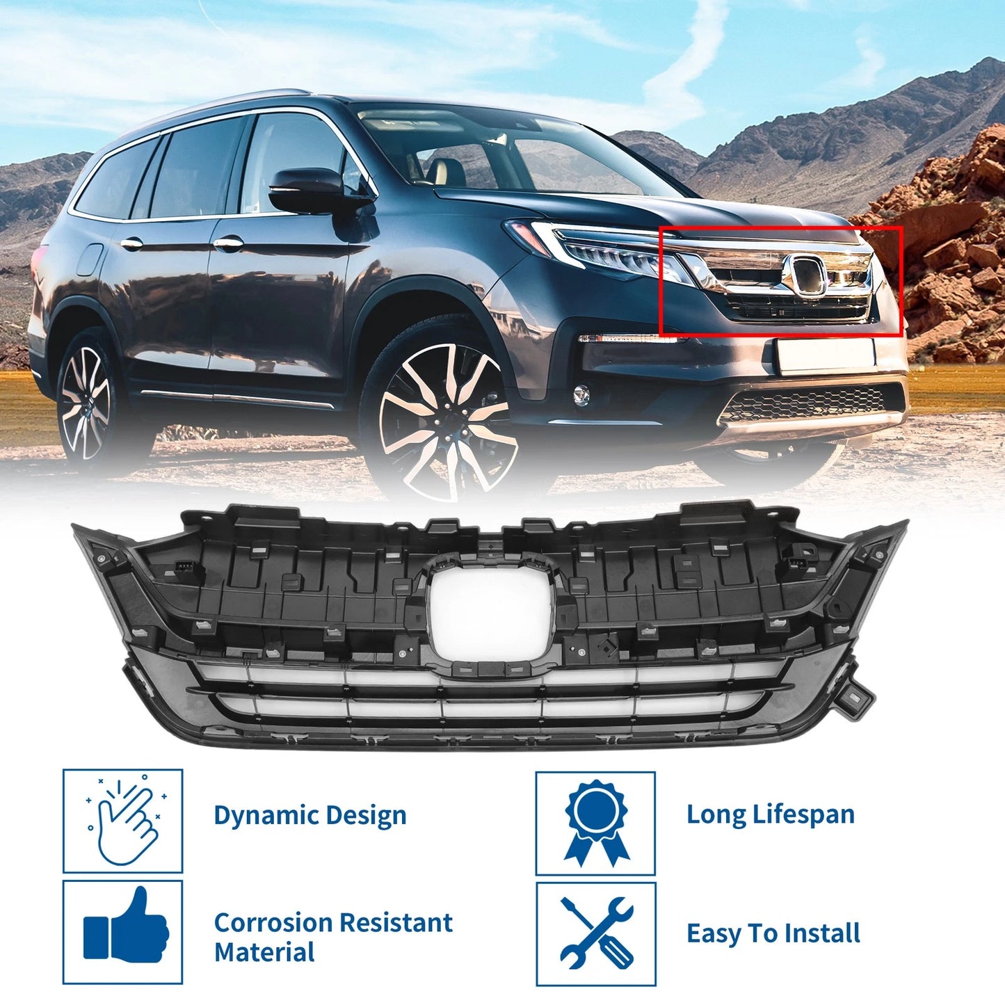 Front Bumper Grille for Honda Pilot 2019-2020 Black 1 Set