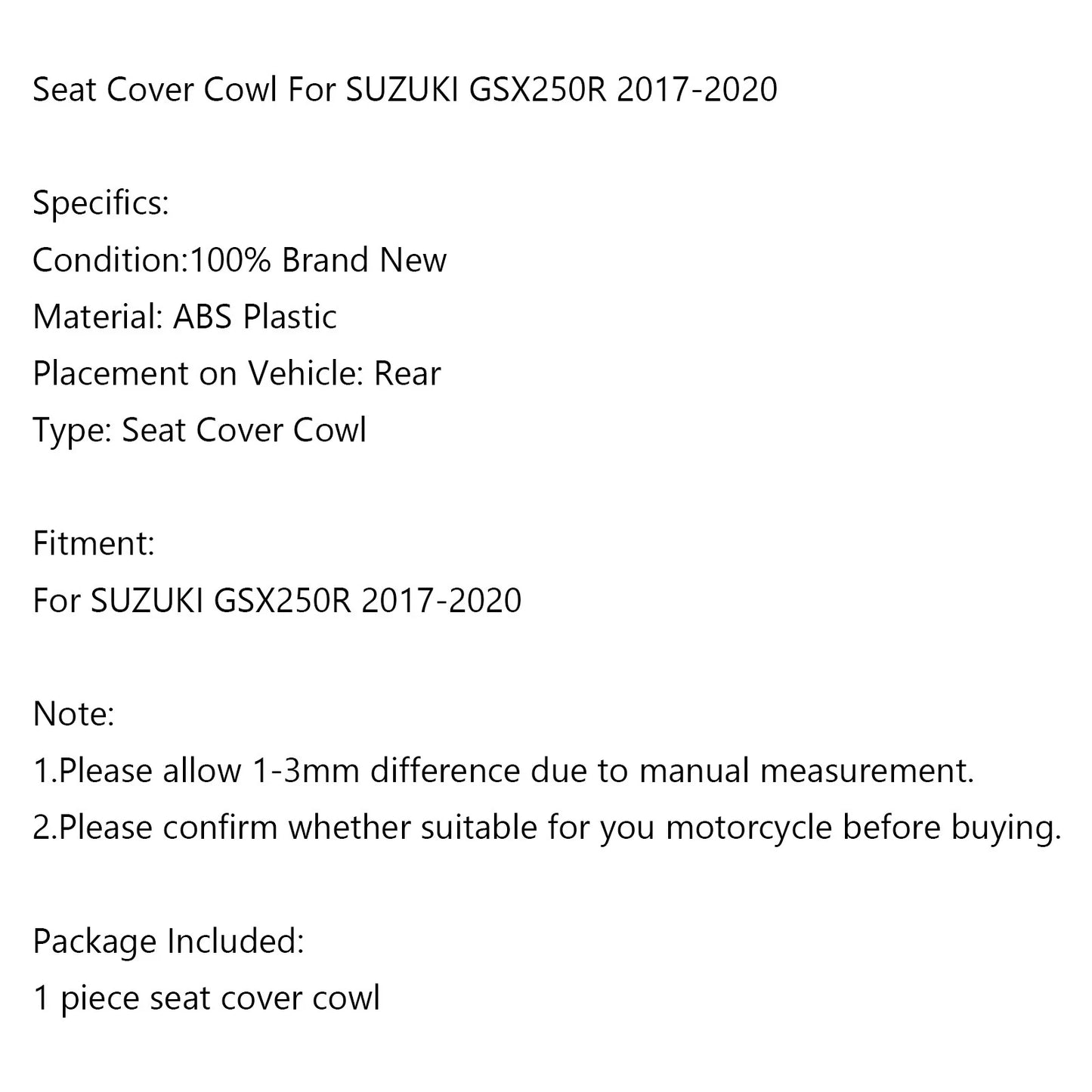 Pillion Seat Cover for Suzuki GSX 250R (2017-2023)