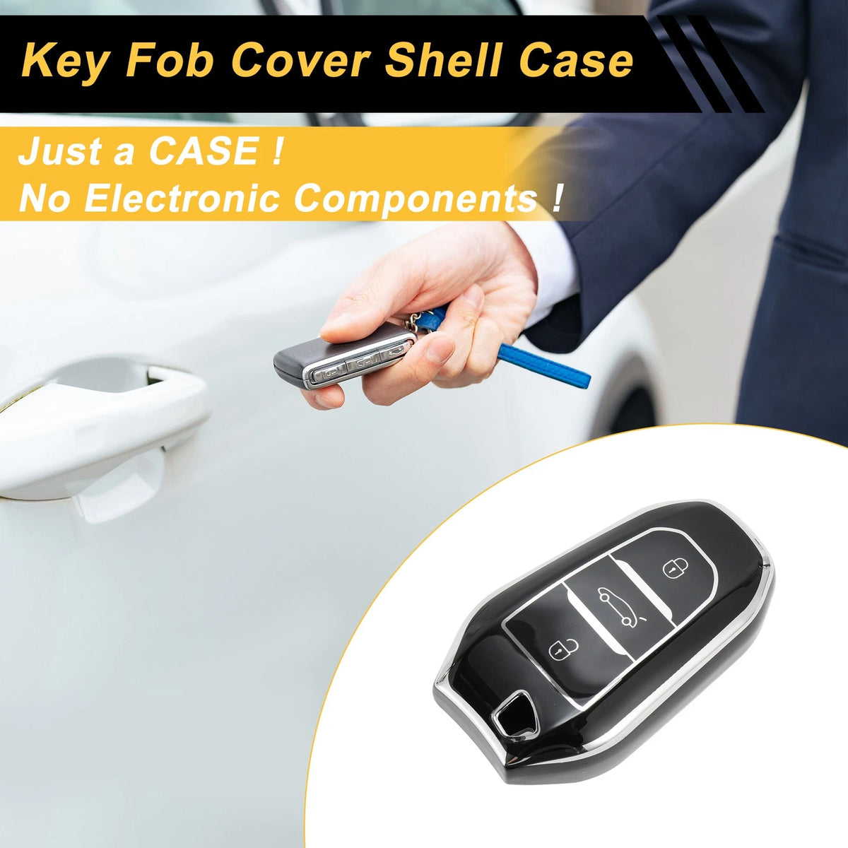 Black Silver TPU Key Fob Shell Cover Case for Peugeot 308 (2007-2014)