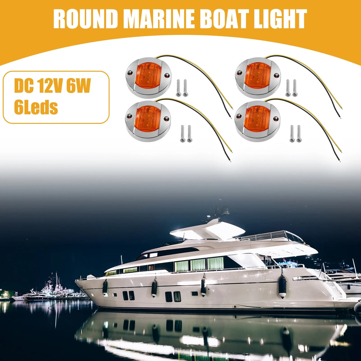 4 Pcs Interior Round Marine Boat Light with 6 LEDs Amber for Boat Amber