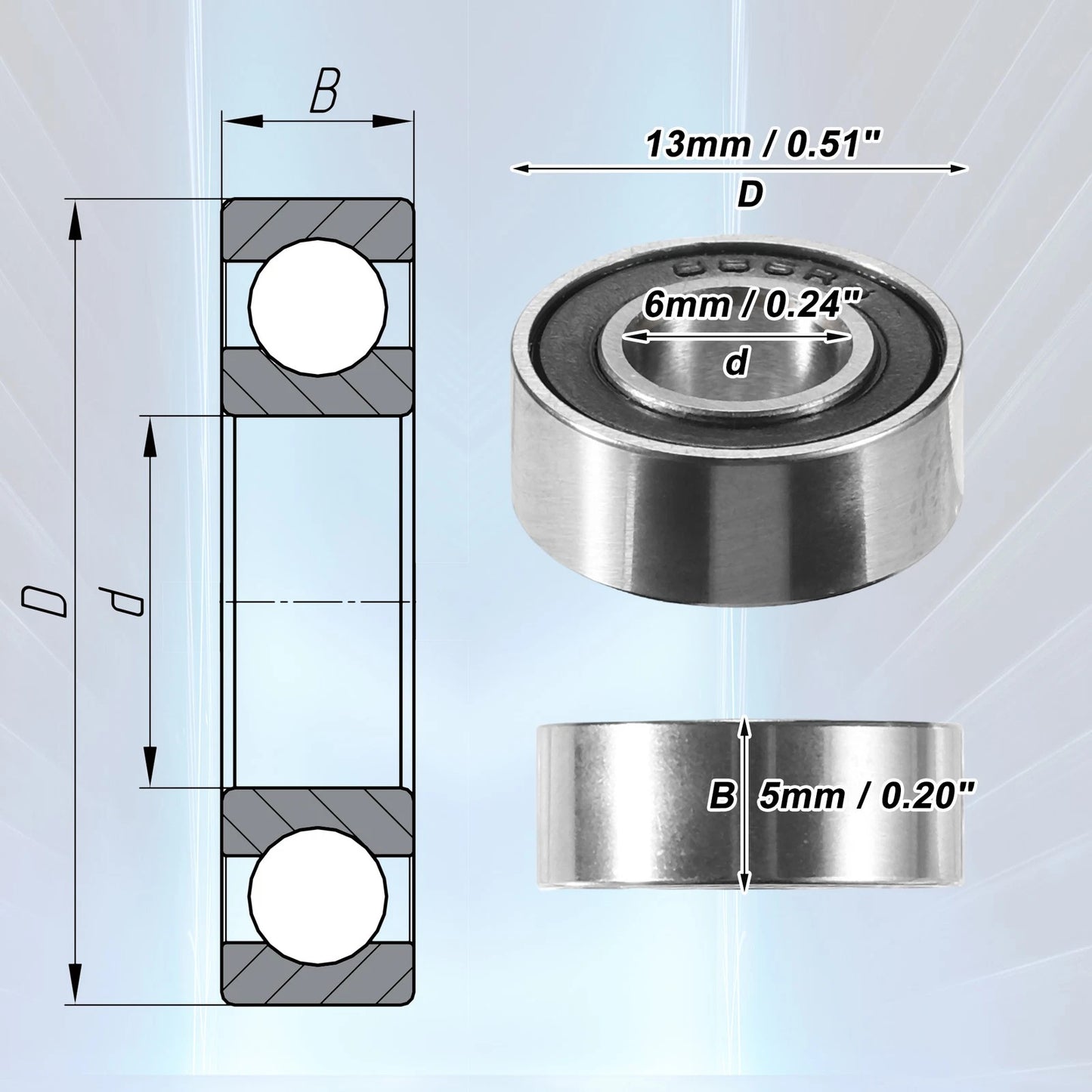 2 x 6x13x5mm Deep Groove Ball Bearings with Double Rubber Shield for Auto
