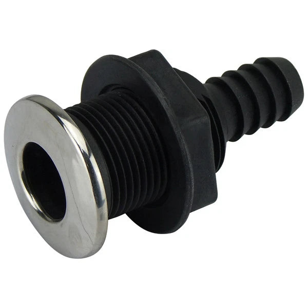 Skin Fitting for Boats Tail 25mm Non-Return Nylon/Stainless Steel Black