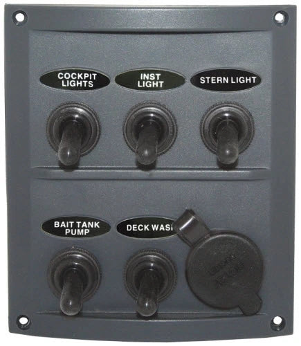 Fused 12V Splash Proof 5 Gang Marine Toggle Switch + Cig Socket