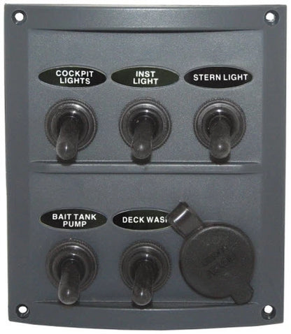 Fused 12V Splash Proof 5 Gang Marine Toggle Switch + Cig Socket
