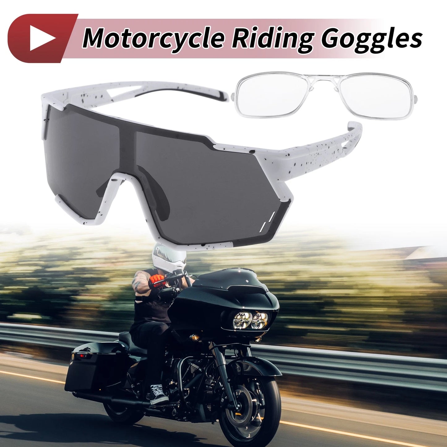 Motorcycle Riding Goggles Black Lens White with Black Spots Frame Sunglasses