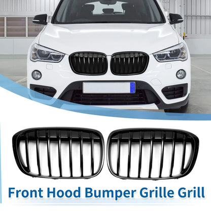 Front Upper Bumper Grille Grill for BMW X1 F48 2016-2022 Gloss Black