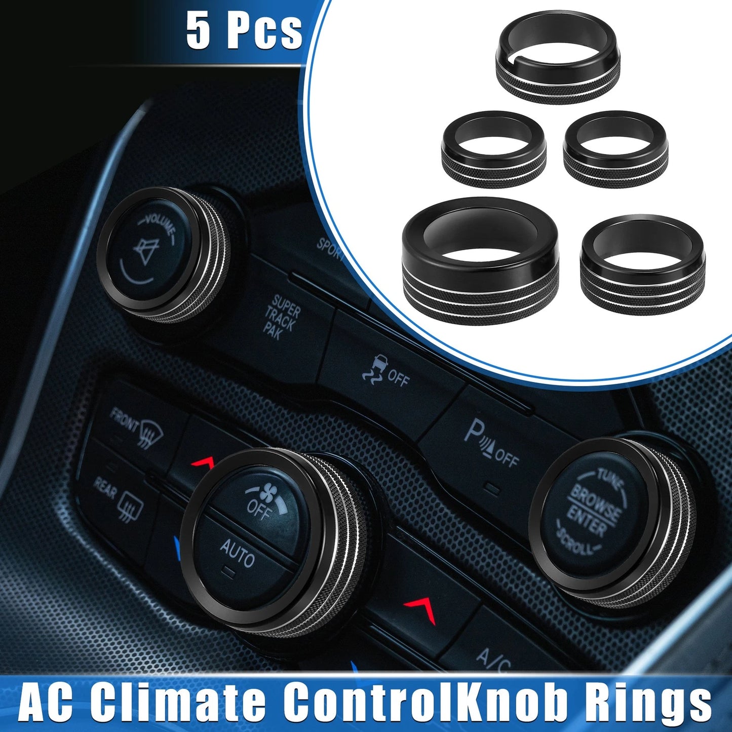 5pcs AC Climate Control Knob Ring for Chrysler 300, Dodge Challenger Black