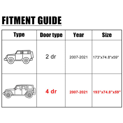 SUV Car Cover for Jeep Wrangler JK JL 4 Door 2007-2021 Waterproof UV Protection