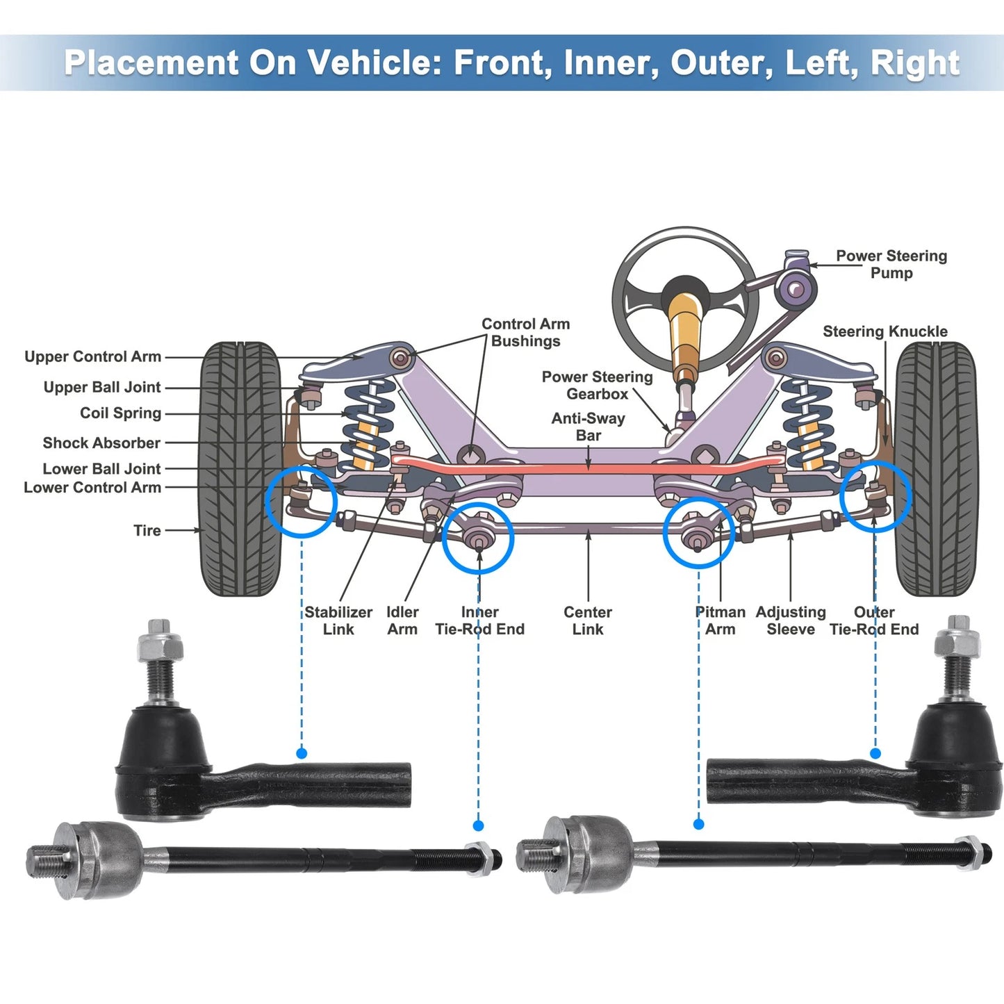 2 x Front Outer Tie Rod End Links Kit for Ford Explorer (2006-2010)
