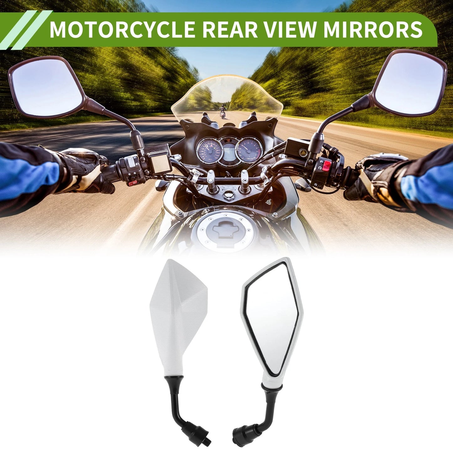 Rear View Mirrors Polygonal Shape White Iron Plastic 1 Set for M10