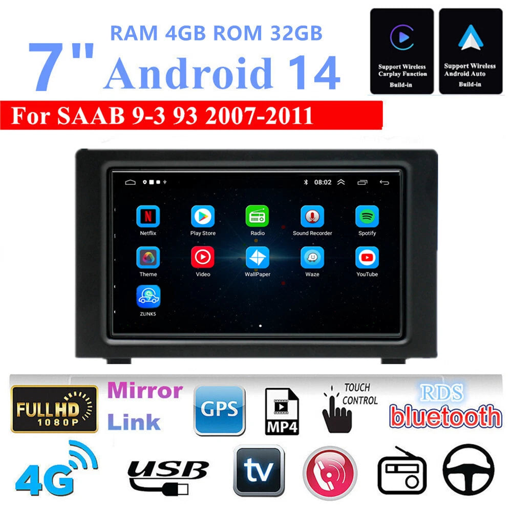 7" Car Stereo Radio GPS Navigation WIFI 4G for SAAB 9-3 (2007-2011)