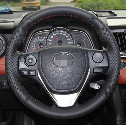 Black Leather Steering Wheel Cover Red Line for Toyota Corolla (2014-2018)