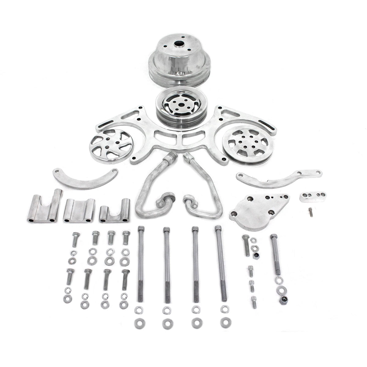 Polished Aluminum Short Water Pump V-Belt Engine Pulley Set for Chevy SBC 350