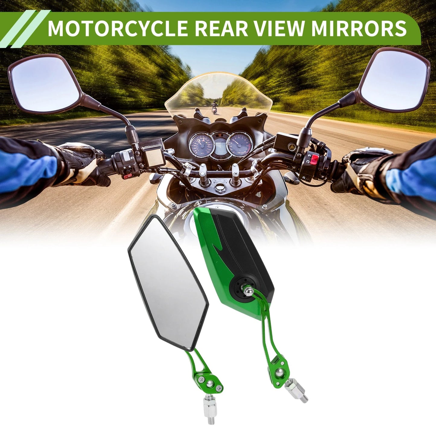 Rear View Mirror Polygonal Shape Black Green Aluminum Alloy for M8/M10