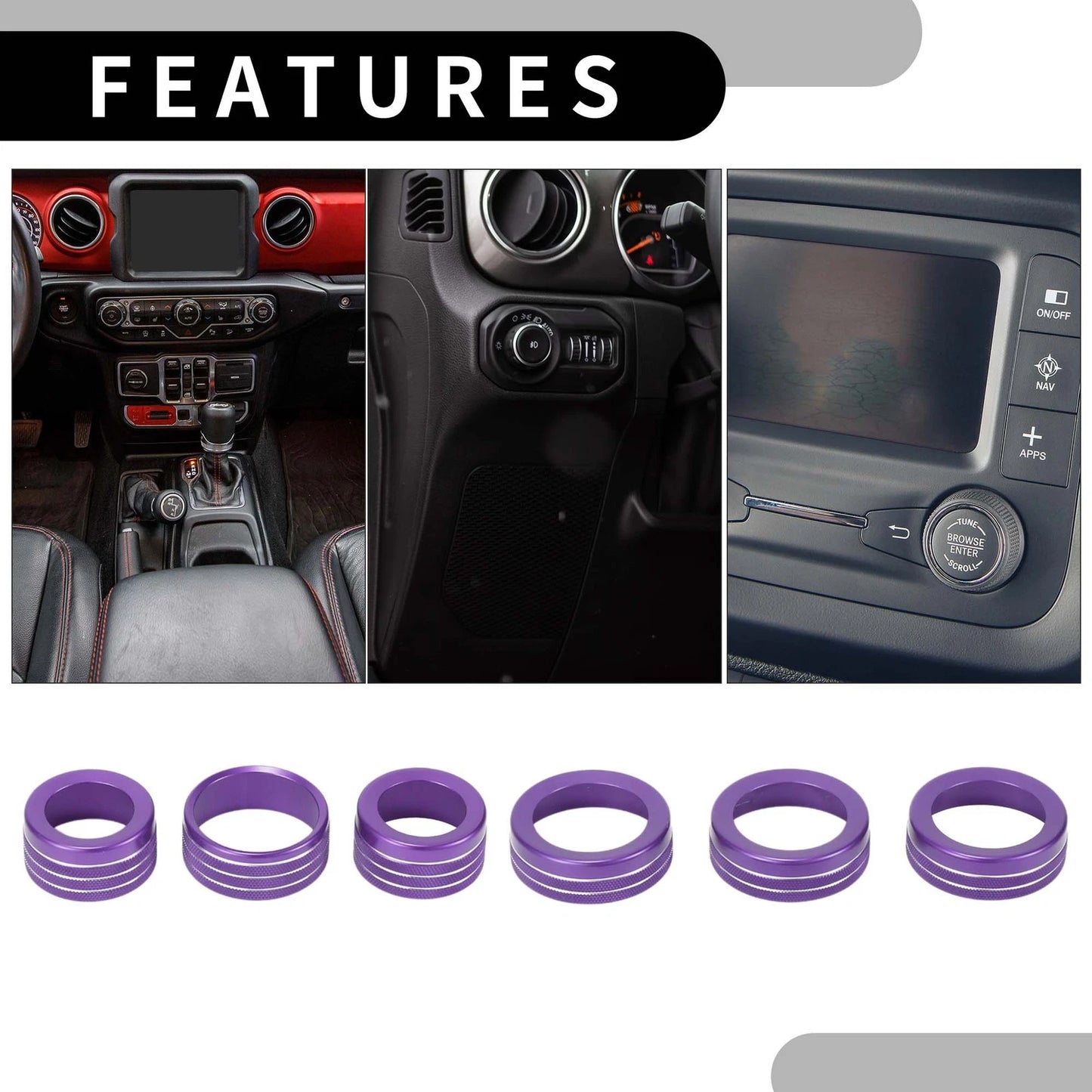 AC Headlight Media Switch Knob Cover Ring for Jeep Wrangler (2018-2023) 6 Pcs