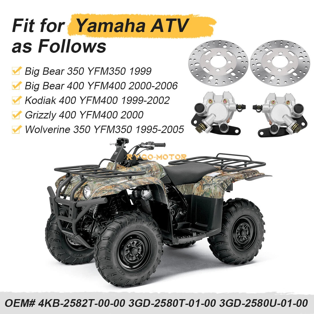 Front Brake Calipers & Disc Rotors for Yamaha Kodiak 400 YFM400 4x4 (1999–2002)