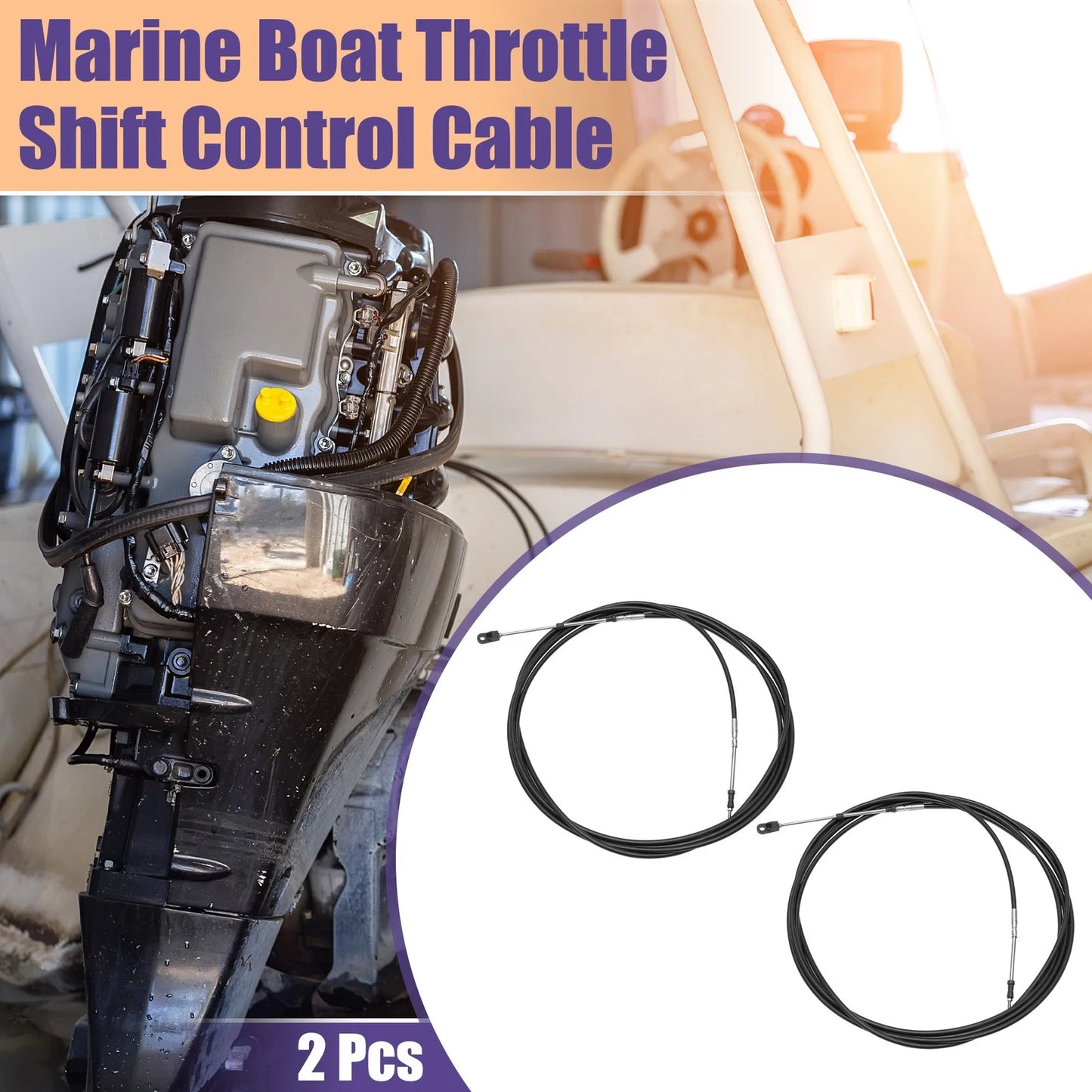 2 x Marine Throttle Control Cable Black with Fastening Head for Boats