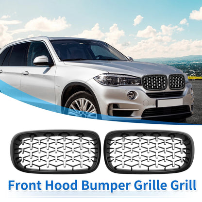 Front Hood Bumper Grille for BMW X5 2014-2016 - 1 Pair Black Silver Tone