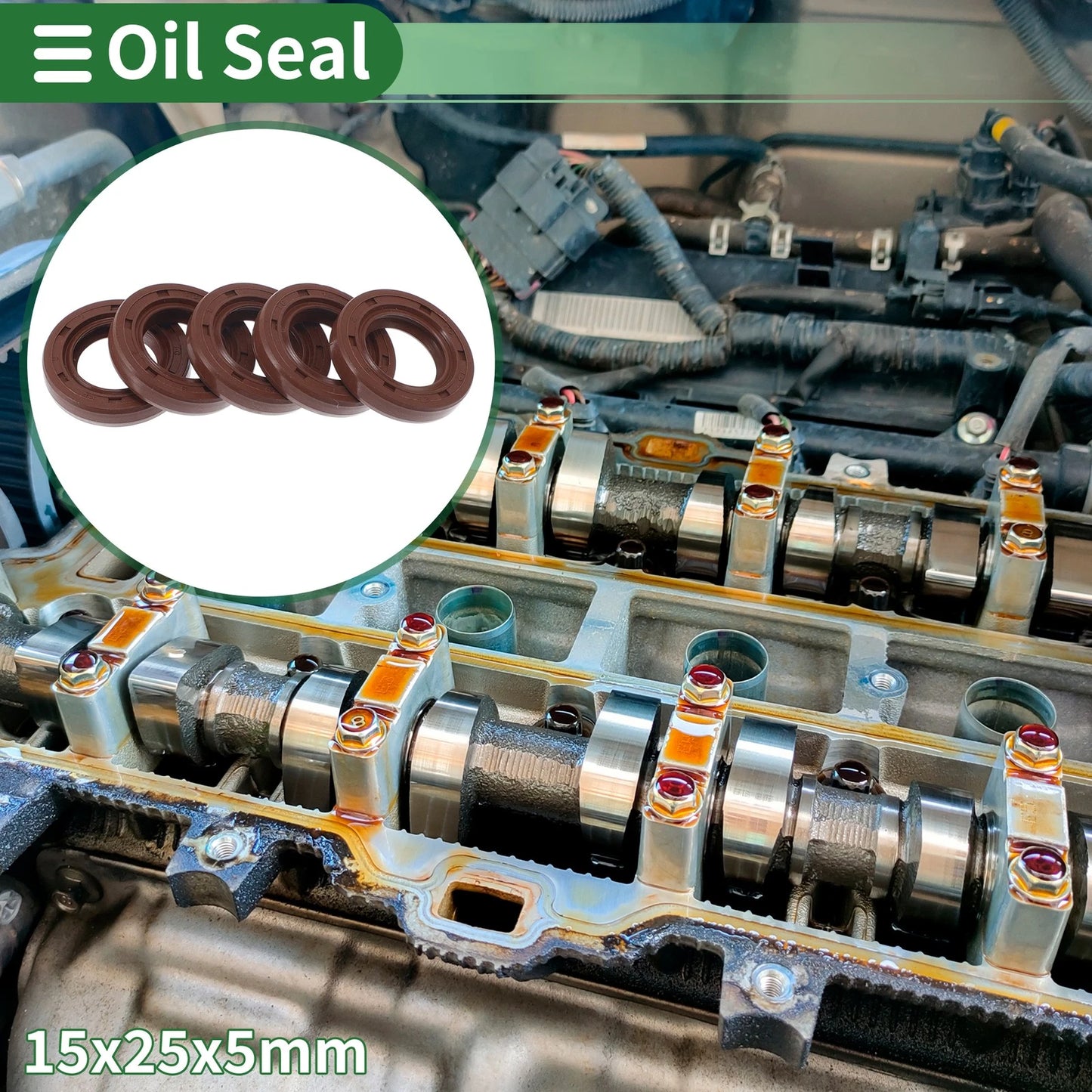 Oil Seal 15x25x5mm FKM Rubber Shaft Seal Brown 5 Pcs