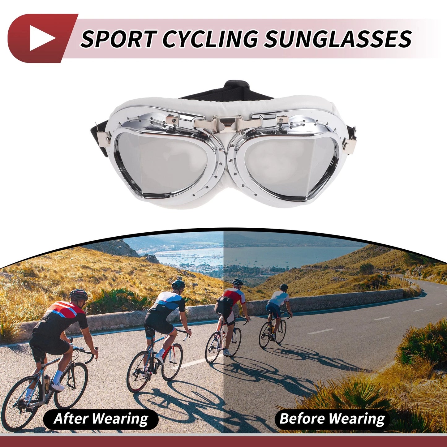 Motorcycle Riding Goggles Silver Tone Lens White Silver Tone Frame PC PU Sponge