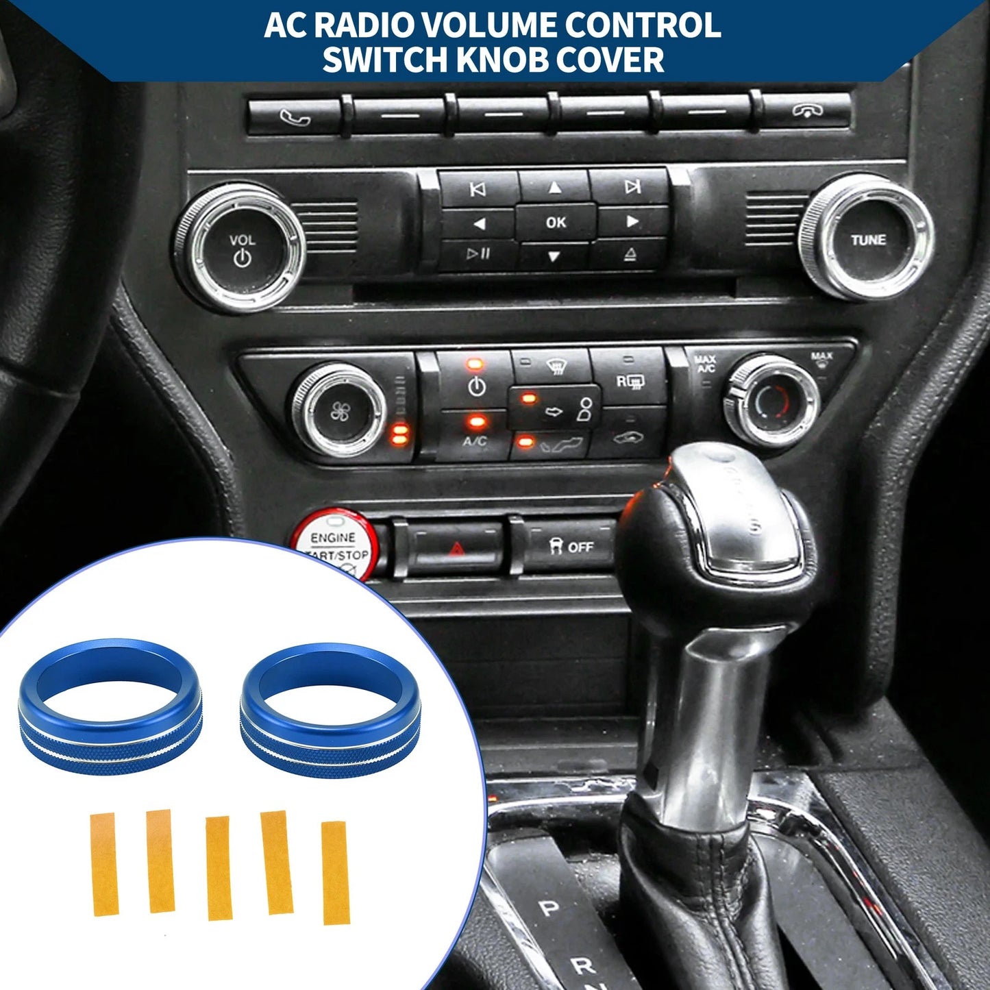 Radio Audio Tune Switch Knob Cover for Ford Mustang (2015-2021) - 2 Pcs Blue